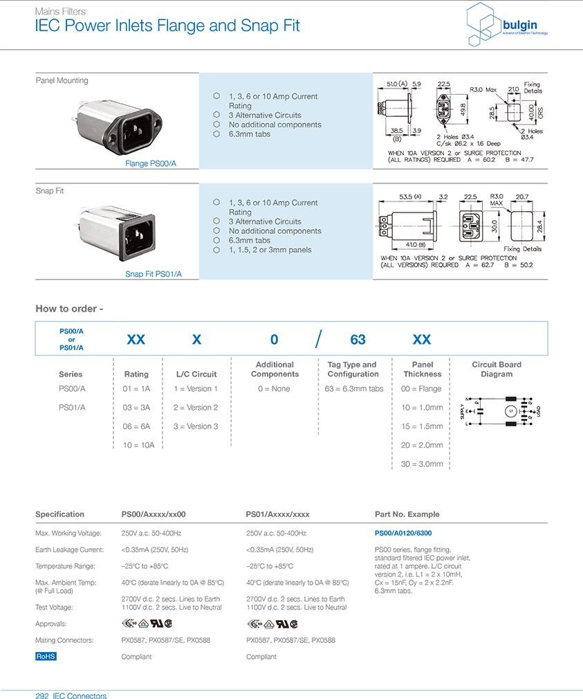 PS00-A帶濾波器的 IEC 電源接入口選型