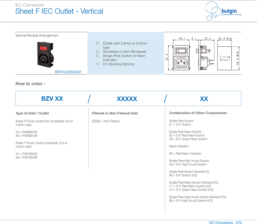 BZV45-Z0000-02垂直電源接入模塊規格尺寸