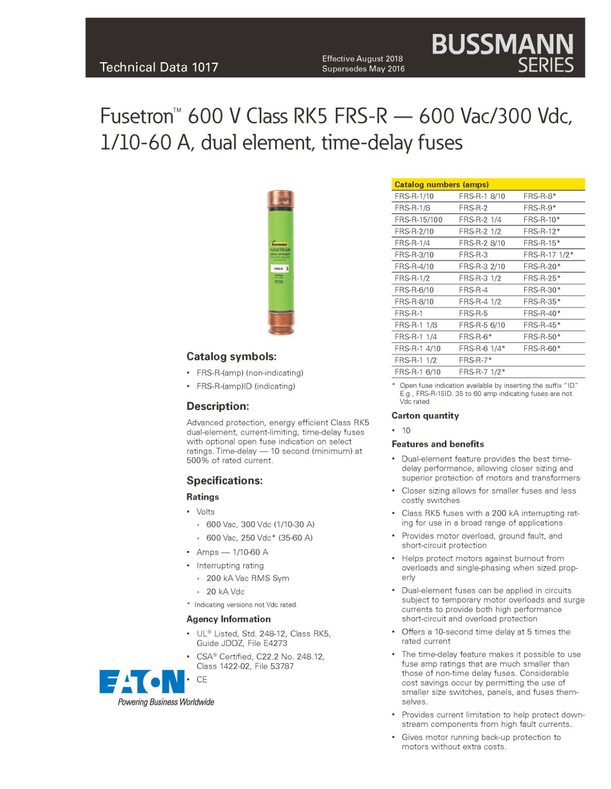 FRS-R系列熔斷器選型