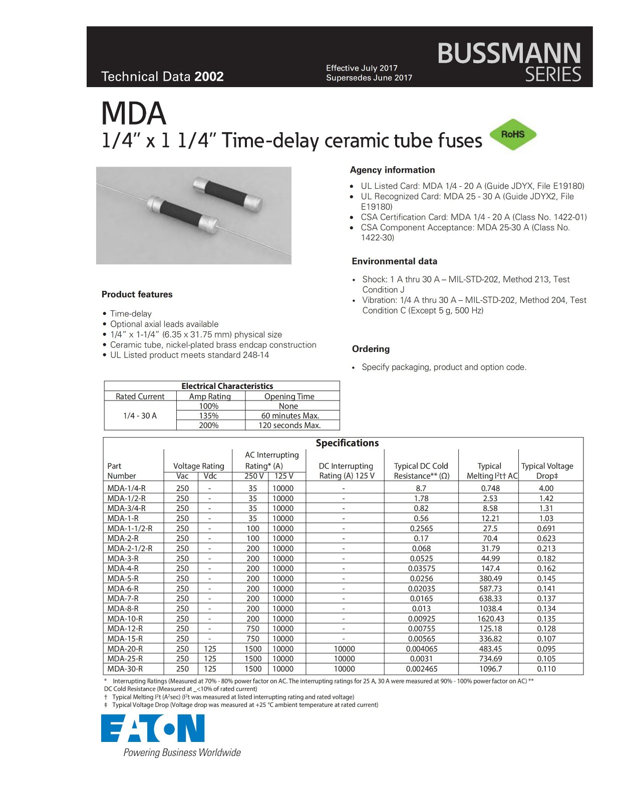 MDA系列延時保險管參數